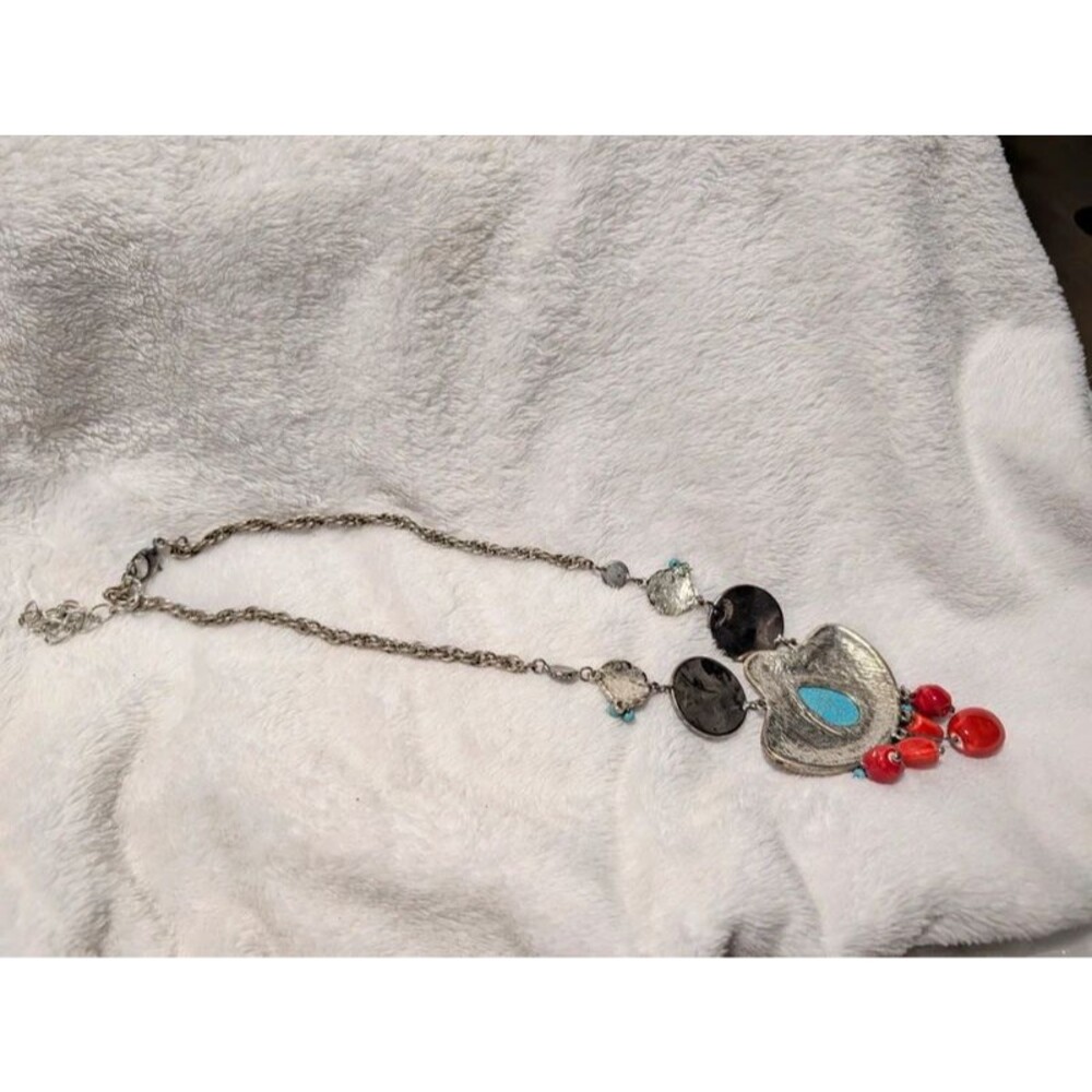 Boho Statement Necklace Faux Turquoise Red Beaded Shield Pendant - Picture 4 of 6